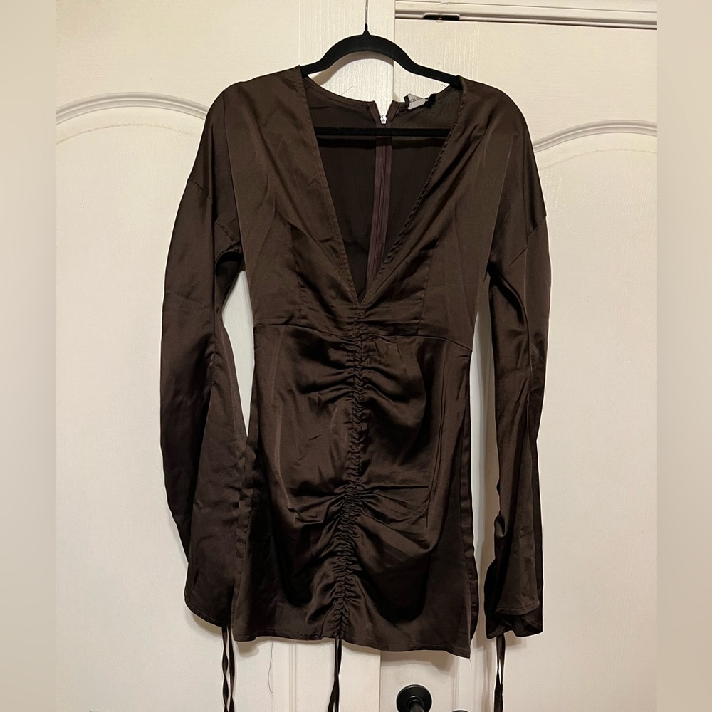 Brown Satin Mini Dress with Wide Sleeves